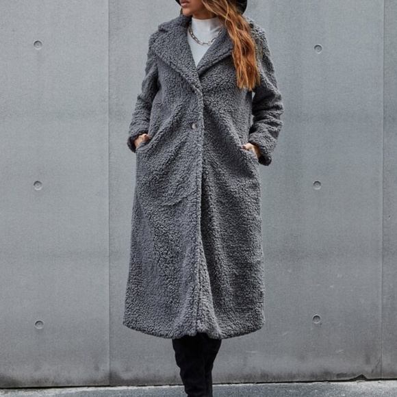 Cozy Charcoal Grey Teddy Button up Long Jacket Coat - Picture 3 of 6